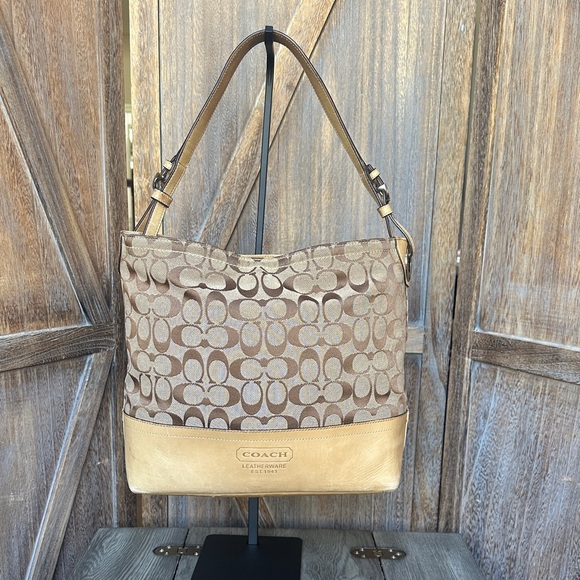 Coach Handbags - Coach F12518 Signature Jacquard and Leather Brown and Tan Shoulder Handbag